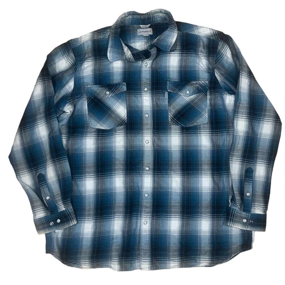 Carhartt Navy Plaid Flannel Button Shirt Blue 2X Gently Used long sleeve
